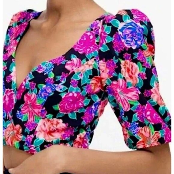 NWT Colourful Floral Pink Blue Puff Sleeve Cropped Top XS - Picture 2 of 5